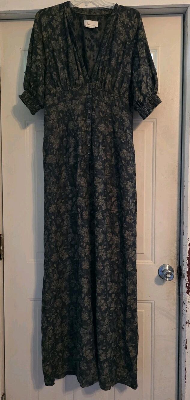By Anthropologie Puff-Sleeve Jumpsuit Green Floral Size L Wide Leg Boho Cottage